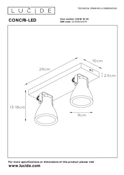 Lucide CONCRI-LED - Plafondspot - LED Dimb. - GU10 - 2x5W 3000K - Zwart - technisch